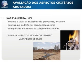 AVALIAÇÃO DOS ASPECTOS  CRITÉRIOS ADOTADOS:  NÃO PLANEJADA (NP) Relativa a todas as situações não planejadas, incluindo aquelas que poderão ser caracterizadas como emergências ambientais de colapso de estruturas. Exemplo: RISCO DE INCÊNDIO/EXPLOSÃO VAZAMENTO DE ÓLEO 
