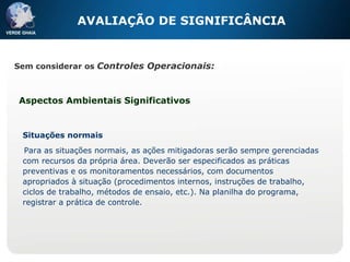 Aspectos Ambientais Significativos Situações normais Para as situações normais, as ações mitigadoras serão sempre gerenciadas com recursos da própria área. Deverão ser especificados as práticas preventivas e os monitoramentos necessários, com documentos apropriados à situação (procedimentos internos, instruções de trabalho, ciclos de trabalho, métodos de ensaio, etc.). Na planilha do programa, registrar a prática de controle. AVALIAÇÃO DE SIGNIFICÂNCIA Sem considerar os  Controles Operacionais: 