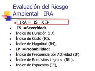 Evaluación del Riesgo
Ambiental IRA
 IRA = IS X IP
 IS =Severidad:
 Índice de Duración (ID),
 Índice de Costo (IC),
 Índice de Magnitud (IM),
 IP =Probabilidad:
 Índice de Frecuencia por Actividad (IF)
 Índice de Requisitos Legales (IRL),
 Índice de Expuestos (IE),
 