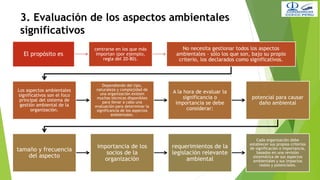 3. Evaluación de los aspectos ambientales
significativos
El propósito es
centrarse en los que más
importan (por ejemplo,
regla del 20-80).
No necesita gestionar todos los aspectos
ambientales – sólo los que son, bajo su propio
criterio, los declarados como significativos.
Los aspectos ambientales
significativos son el foco
principal del sistema de
gestión ambiental de la
organización.
Dependiendo del tipo,
naturaleza y complejidad de
una organización existen
muchas técnicas disponibles
para llevar a cabo una
evaluación para determinar la
significancia de los aspectos
ambientales.
A la hora de evaluar la
significancia o
importancia se debe
considerar:
potencial para causar
daño ambiental
tamaño y frecuencia
del aspecto
importancia de los
socios de la
organización
requerimientos de la
legislación relevante
ambiental
Cada organización debe
establecer sus propios criterios
de significación o importancia,
basados en una revisión
sistemática de sus aspectos
ambientales y sus impactos
reales y potenciales.
 