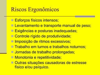 Riscos Ergonômicos Esforços físicos intensos; Levantamento e transporte manual de peso; Exigências e posturas inadequadas; Controle rígido de produtividade; Imposição de ritmos excessivos; Trabalho em turnos e trabalhos noturnos; Jornadas de trabalho prolongadas; Monotonia e repetitividade; Outras situações causadoras de estresse físico e/ou psíquico. 