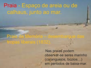 Praia - Espaço de areia ou de calhaus, junto ao mar.Praia da Memória – desembarque das tropas liberais (1832).    Nas praias podem observar-se seres marinho (caranguejos, búzios…) em períodos de baixa-mar.