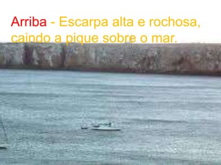 Arriba - Escarpa alta e rochosa, caindo a pique sobre o mar.