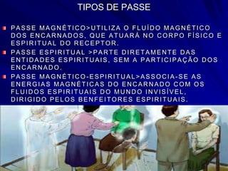 TIPOS DE PASSE
PASSE MAGN ÉTIC O> U TILIZA O FLU ÍD O MAGN ÉTIC O
D OS EN C AR N AD OS, QU E ATU AR Á N O C OR PO FÍSIC O E
ESPIRITUAL DO RECEPTOR.
PASSE ESPIR ITU AL > PAR TE D IR ETAMEN TE D AS
EN TID AD ES ESPIR ITU AIS, SEM A PAR TIC IPAÇ ÃO D OS
EN C AR N AD O.
PASSE MAGNÉTICO - ESPIRITUAL> ASSOCIA - SE AS
EN ER GIAS MAGN ÉTIC AS D O EN C AR N AD O C OM OS
FLU ID OS ESPIR ITU AIS D O MU N D O IN VISÍVEL,
D IR IGID O PELOS BEN FEITOR ES ESPIR ITU AIS.
 