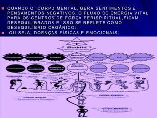 Q U A N D O O C O R P O M E N T A L , G E R A S E N T I M E N T O S E
P E N S A M E N T O S N E G A T I V O S , O F L U X O D E E N E R G I A V I T A L
P A R A O S C E N T R O S D E F O R Ç A P E R I S P I R I T U A L , F I C A M
D E S E Q U I L I B R A D O S E I S S O S E R E F L E T E C O M O
D E S E Q U I L Í B R I O O R G Â N I C O ;
O U S E J A , D O E N Ç A S F Í S I C A S E E M O C I O N A I S .
 