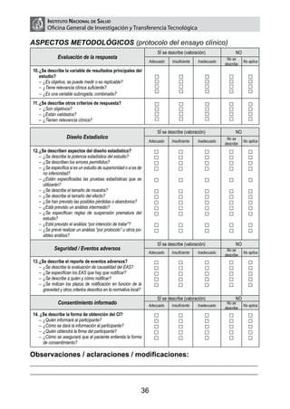 Instituto Nacional de Salud
         Oficina General de Investigación y Transferencia Tecnológica

ASPECTOS METODOLÓGICOS (protocolo del ensayo clínico)
                                                                           SÍ se describe (valoración)               NO
                Evaluación de la respuesta                                                                      No se
                                                                       Adecuado    Insuficiente   Inadecuado              No aplica
                                                                                                               describe
 10.	¿Se describe la variable de resultados principales del
     estudio?                                                            □             □             □           □           □
     –	 ¿Es objetiva, se puede medir o es replicable?                    □             □             □           □           □
     –	 ¿Tiene relevancia clínica suficiente?                            □             □             □           □           □
     –	 ¿Es una variable subrogada, combinada?                           □             □             □           □           □
 11.	¿Se describe otros criterios de respuesta?                          □             □             □           □           □
     –	 ¿Son objetivos?                                                  □             □             □           □           □
     –	 ¿Están validados?                                                □             □             □           □           □
     –	 ¿Tienen relevancia clínica?                                      □             □             □           □           □
                                                                           SÍ se describe (valoración)               NO
                     Diseño Estadístico                                                                         No se
                                                                      Adecuado     Insuficiente   Inadecuado              No aplica
                                                                                                               describe
 12.	¿Se describen aspectos del diseño estadístico?                      □             □             □           □           □
     –	 ¿Se describe la potencia estadística del estudio?                □             □             □           □           □
     –	 ¿Se describen los errores permitidos?                            □             □             □           □           □
     –	 ¿Se especifica si es un estudio de superioridad o si es de       □             □             □           □           □
        no inferioridad?
     –	 ¿Están especificadas las pruebas estadísticas que se             □             □             □           □           □
        utilizarán?
     –	 ¿Se describe el tamaño de muestra?                               □             □             □           □           □
     –	 ¿Se describe el tamaño del efecto?                               □             □             □           □           □
     –	 ¿Se han previsto las posibles pérdidas o abandonos?              □             □             □           □           □
     –	 ¿Está previsto un análisis intermedio?                           □             □             □           □           □
     –	 ¿Se especifican reglas de suspensión prematura del               □             □             □           □           □
        estudio?
     –	 ¿Está previsto el análisis “por intención de tratar”?            □             □             □           □           □
     –	 ¿Se prevé realizar un análisis “por protocolo” u otros po-       □             □             □           □           □
        sibles análisis?
                                                                           SÍ se describe (valoración)               NO
             Seguridad / Eventos adversos                                                                       No se
                                                                      Adecuado     Insuficiente   Inadecuado              No aplica
                                                                                                               describe
 13.	¿Se describe el reporte de eventos adversos?                        □             □             □           □           □
     –	 ¿Se describe la evaluación de causalidad del EAS?                □             □             □           □           □
     –	 ¿Se especifican los EAS que hay que notificar?                   □             □             □           □           □
     –	 ¿Se describe a quién y cómo notificar?                           □             □             □           □           □
     –	 ¿Se indican los plazos de notificación en función de la          □             □             □           □           □
        gravedad y otros criterios descritos en la normativa local?
                                                                           SÍ se describe (valoración)               NO
                Consentimiento informado                              Adecuado     Insuficiente   Inadecuado
                                                                                                                No se
                                                                                                                          No aplica
                                                                                                               describe
 14. ¿Se describe la forma de obtención del CI?                          □             □             □           □           □
    –	 ¿Quién informará al participante?                                 □             □             □           □           □
    –	 ¿Cómo se dará la información al participante?                     □             □             □           □           □
    –	 ¿Quién obtendrá la firma del participante?                        □             □             □           □           □
    –	 ¿Cómo se asegurará que el paciente entienda la forma              □             □             □           □           □
       de consentimiento?

Observaciones / aclaraciones / modificaciones:
___________________________________________________________________________________ 	
___________________________________________________________________________________


                                                                  36
 