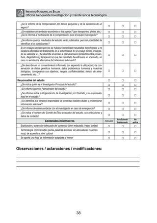 Instituto Nacional de Salud
        Oficina General de Investigación y Transferencia Tecnológica

   ¿Se le informa de la compensación por daños, perjuicios y de la existencia de un
   seguro?                                                                                   □             □           □
   ¿Se establece un rembolso económico a los sujetos? (por transportes, dietas, etc.)        □             □           □
   ¿Se le informa al participante de la compensación para el equipo investigador?
                                                                                             □             □           □
   ¿Se informa que los resultados del estudio serán publicados, pero sin posibilidad de
   identificar a los participantes?                                                          □             □           □
   Si en ensayos clínicos previos se hubiese identificado resultados beneficiosos y no
   existiera alternativa de tratamiento en la enfermedad. En el ensayo clínico presenta-
   do se valoraría si: ¿Se describe el acceso a intervenciones (procedimientos preven-       □             □           □
   tivos, diagnósticos y terapéuticos) que han resultado beneficiosos en el estudio, en
   caso no exista otra alternativa de tratamiento adecuado?
   ¿Se describe en un consentimiento informado por separado la utilización y la con-
   servación de datos genéticos humanos, datos proteómicos humanos y muestras
   biológicas, consignando sus objetivos, riesgos, confidencialidad, tiempo de alma-         □             □           □
   cenamiento, etc…?

Responsables del estudio                                                                     □             □           □
   ¿Se indica quién es el Investigador Principal del estudio?                                □             □           □
   ¿Se informa sobre el Patrocinador del estudio?                                            □             □           □
   ¿Se informa sobre la Organización de Investigación por Contrato y su responsabi-
   lidad en el estudio?                                                                      □             □           □
   ¿Se identifica a la persona responsable de contestar posibles dudas y proporcionar
   información adicional?                                                                    □             □           □
   ¿Se informa de cómo contactar con el investigador en caso de emergencia?                  □             □           □
   ¿Se indica el nombre del Comité de Ética evaluador del estudio, sus atribuciones y
   datos de contacto?                                                                        □             □           □
                                                                                                      Insuficiente/    No
                            Contenidos informativos                                        Adecuado
                                                                                                      Inadecuado      aplica
   Explicación y extensión adecuada del contenido (bien redactado, frases cortas)            □             □           □
   Terminología comprensible (pocas palabras técnicas, sin abreviaturas ni acróni-
   mos), de acuerdo al nivel cultural                                                        □             □           □
   Se aporta una hoja de información adaptada al menor                                       □             □           □

Observaciones / aclaraciones / modificaciones:
___________________________________________________________________________________ 	
___________________________________________________________________________________
___________________________________________________________________________________




                                                                38
 