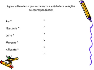 Agora volta a ler o que escreveste e estabelece relações de correspondência: Rio * Nascente * Leito * Margens * Afluente * Foz * Local onde desagua o rio; Terrenos dos lados do rio; Terreno por onde o rio corre; Rio que desagua noutro rio; Local onde nasce o rio; Curso de água permanente; 
