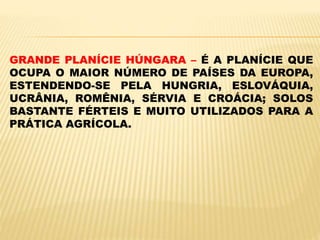 GRANDE PLANÍCIE HÚNGARA – É A PLANÍCIE QUE
OCUPA O MAIOR NÚMERO DE PAÍSES DA EUROPA,
ESTENDENDO-SE PELA HUNGRIA, ESLOVÁQUIA,
UCRÂNIA, ROMÊNIA, SÉRVIA E CROÁCIA; SOLOS
BASTANTE FÉRTEIS E MUITO UTILIZADOS PARA A
PRÁTICA AGRÍCOLA.
 