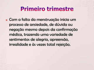  Com a falta da menstruação inicia um
processo de ansiedade, de dúvida ou
negação mesmo depois da confirmação
médica, trazendo uma variedade de
sentimentos de alegria, apreensão,
irrealidade e às vezes total rejeição.
 