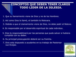 CONCEPTOS QUE DEBEN TENER CLAROS
            TODO LIDER DE LA IGLESIA.


1. Que su llamamiento viene de Dios y no de los Hombres.

2. Así como Dios lo llamó, el también lo Relevara.
3. Debido a que el Llamamiento viene de Dios, no debe pedir el Relevo.

4. Es responsable por el desarrollo espiritual de cada individuo.

5. Dios lo responsabilizará por las personas que pudo salvar si hubiera
  cumplido con su deber.
6. Su principal preocupación deberá ser su Familia.
7. Dios esta dispuesto a ayudarles en su trabajo de Pastorear
   sus Ovejas.
 