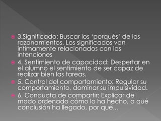  3.Significado: Buscar los ‘porqués’ de los
razonamientos. Los significados van
íntimamente relacionados con las
intenciones
 4. Sentimiento de capacidad: Despertar en
el alumno el sentimiento de ser capaz de
realizar bien las tareas.
 5. Control del comportamiento: Regular su
comportamiento, dominar su impulsividad.
 6. Conducta de compartir: Explicar de
modo ordenado cómo lo ha hecho, a qué
conclusión ha llegado, por qué...
 