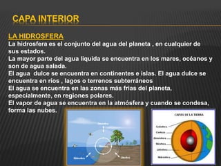 CAPA INTERIOR
LA HIDROSFERA
La hidrosfera es el conjunto del agua del planeta , en cualquier de
sus estados.
La mayor parte del agua liquida se encuentra en los mares, océanos y
son de agua salada.
El agua dulce se encuentra en continentes e islas. El agua dulce se
encuentra en ríos , lagos o terrenos subterráneos
El agua se encuentra en las zonas más frias del planeta,
especialmente, en regiones polares.
El vapor de agua se encuentra en la atmósfera y cuando se condesa,
forma las nubes.
 