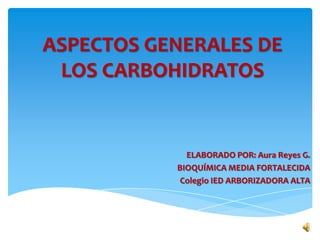 ASPECTOS GENERALES DE
LOS CARBOHIDRATOS
ELABORADO POR: Aura Reyes G.
BIOQUÍMICA MEDIA FORTALECIDA
Colegio IED ARBORIZADORA ALTA
 