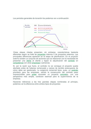 Los periodos generales de duración los podemos ver a continuación:




Estas etapas citadas presentan, sin embargo, características bastante
diferentes según se trate de proyectos internos o de proyectos externos. Las
principales diferencias aparecen en la etapa de planificación. En el proyecto
externo existen un conjunto de acciones que se relacionan con la necesidad de
presentar una oferta al cliente y lograr la adjudicación del contrato en
competencia con otras empresas o personas.
Si, por la razón que fuere, el contrato no se consigue el proyecto queda
abortado antes de haberse comenzado y carece de sentido preocuparse de
cómo debe ser gestionado. La exigencia comercial tiene, pues, un carácter
prioritario para las empresas, siendo la consecución del contrato paso
imprescindible para poder acometer un proyecto concretoy, con una
perspectiva más amplia, condición esencial para la supervivencia de la
empresa.
Haciendo referencia a las tres grandes etapas nombradas al principio,
podemos ver la diferencia entre ambos tipos de proyectos:
 
