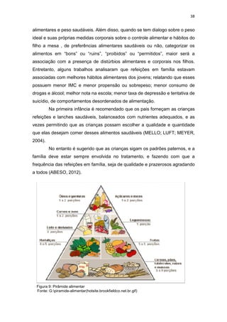 38


alimentares e peso saudáveis. Além disso, quando se tem dialogo sobre o peso
ideal e suas próprias medidas corporais sobre o controle alimentar e hábitos do
filho a mesa , de preferências alimentares saudáveis ou não, categorizar os
alimentos em “bons” ou “ruins”, “proibidos” ou “permitidos”, maior será a
associação com a presença de distúrbios alimentares e corporais nos filhos.
Entretanto, alguns trabalhos analisaram que refeições em família estavam
associadas com melhores hábitos alimentares dos jovens; relatando que esses
possuem menor IMC e menor propensão ou sobrepeso; menor consumo de
drogas e álcool; melhor nota na escola; menor taxa de depressão e tentativa de
suicídio, de comportamentos desordenados de alimentação.
         Na primeira infância é recomendado que os pais forneçam as crianças
refeições e lanches saudáveis, balanceados com nutrientes adequados, e as
vezes permitindo que as crianças possam escolher a qualidade e quantidade
que elas desejam comer desses alimentos saudáveis (MELLO; LUFT; MEYER,
2004).
         No entanto é sugerido que as crianças sigam os padrões paternos, e a
família deve estar sempre envolvida no tratamento, e fazendo com que a
frequência das refeições em família, seja de qualidade e prazerosos agradando
a todos (ABESO, 2012).




  Figura 9: Pirâmide alimentar
  Fonte: G:piramide-alimentar(hotsite.brookfieldco.net.br.gif)
 