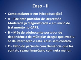 Caso - II
• Como esclarecer em Psicoeducação?
• A – Paciente portador de Depressão
Moderada já diagnosticada e em início de
tratamento no CAPS.
• B – Mãe de adolescente portador de
dependência de múltiplas drogas que evadiu-
se da internação e está 3 dias sem contato.
• C – Filho de paciente com Demência que fez
contato sexual impróprio com neta menor.
 