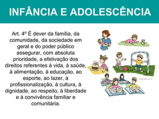 INFÂNCIA E ADOLESCÊNCIA
Art. 4º É dever da família, da
comunidade, da sociedade em
geral e do poder público
assegurar, com absoluta
prioridade, a efetivação dos
direitos referentes à vida, à saúde,
à alimentação, à educação, ao
esporte, ao lazer, à
profissionalização, à cultura, à
dignidade, ao respeito, à liberdade
e à convivência familiar e
comunitária.
 
