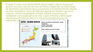 • O Japão é o país mais desenvolvido dessa região, apesar de possuir
poucos recursos naturais em seu território e depender da importação
de elementos necessários para a economia, principalmente em relação
ao setor energético. Cerca de 93% dos japoneses residem nas áreas
urbanas, como a megalópole Tokaido. Devido à baixa taxa de
natalidade e alta expectativa de vida, o país enfrenta a diminuição
significativa de mão de obra e o crescente envelhecimento da
população, por isso há um incentivo da imigração para o Japão.
 