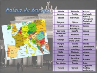 Albania      Alemania       Andorra
 Armenia       Austria       Azerbaiyán
                             Bosnia y
 Bélgica      Bielorrusia
                             Herzegovina
                             Ciudad del
 Bulgaria       Chipre
                             vaticano
 Croacia      Dinamarca      Escocia
              Eslovaquia
 Eslovenia     España        Estonia
Federación
               Finlandia     Francia
   Rusa
             Gran Bretaña
 Georgia                     Grecia
             (reino Unido)
 Hungría       Irlanda       Islandia
   Italia      Letonia       Liechtenstein
 Lituania    Luxemburgo      Macedonia
  Malta       Moldavia       Mónaco
 Noruega     Países Bajos    Polonia
              Republica
 Portugal                    Rumania
               Checa
San Marino     Suecia        Suiza
                             Yugoslavia
 Turquía       Ucrania       (Serbia y
                             Montenegro)
 