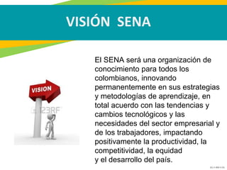 GC-F-004 V.01
El SENA será una organización de
conocimiento para todos los
colombianos, innovando
permanentemente en sus estrategias
y metodologías de aprendizaje, en
total acuerdo con las tendencias y
cambios tecnológicos y las
necesidades del sector empresarial y
de los trabajadores, impactando
positivamente la productividad, la
competitividad, la equidad
y el desarrollo del país.
VISIÓN SENA
 