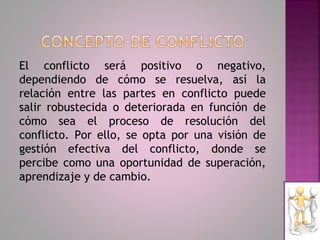 El conflicto será positivo o negativo,
dependiendo de cómo se resuelva, así la
relación entre las partes en conflicto puede
salir robustecida o deteriorada en función de
cómo sea el proceso de resolución del
conflicto. Por ello, se opta por una visión de
gestión efectiva del conflicto, donde se
percibe como una oportunidad de superación,
aprendizaje y de cambio.
 