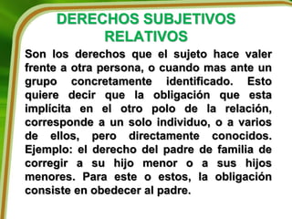 DERECHOS SUBJETIVOS
RELATIVOS
Son los derechos que el sujeto hace valer
frente a otra persona, o cuando mas ante un
grupo concretamente identificado. Esto
quiere decir que la obligación que esta
implícita en el otro polo de la relación,
corresponde a un solo individuo, o a varios
de ellos, pero directamente conocidos.
Ejemplo: el derecho del padre de familia de
corregir a su hijo menor o a sus hijos
menores. Para este o estos, la obligación
consiste en obedecer al padre.
 