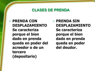 CLASES DE PRENDA
 PRENDA CON
DESPLAZAMIENTO
Se caracteriza
porque el bien
dado en prenda
queda en poder del
acreedor o de un
tercero
(depositario)
 PRENDA SIN
DESPLAZAMIENTO
Se caracteriza
porque el bien
dado en prenda
queda en poder
del deudor.
 