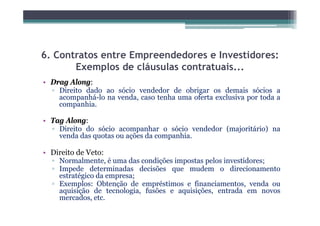6. Contratos entre Empreendedores e Investidores:
       Exemplos de cláusulas contratuais...
• Drag Along:
  ▫ Direito d d ao sócio vendedor d obrigar os d
            dado     ó        d d    de b           demais sócios a
                                                             ó
    acompanhá-lo na venda, caso tenha uma oferta exclusiva por toda a
    companhia.

• Tag Along:
  ▫ Direito do sócio acompanhar o sócio vendedor (majoritário) na
    venda das quotas ou ações da companhia.
              q          ç          p

• Direito de Veto:
  ▫ Normalmente, é uma das condições impostas pelos investidores;
                   ,             ç     p      p                 ;
  ▫ Impede determinadas decisões que mudem o direcionamento
    estratégico da empresa;
  ▫ Exemplos: Obtenção de empréstimos e financiamentos, venda ou
    aquisição de tecnologia fusões e aquisições entrada em novos
                     tecnologia,      aquisições,
    mercados, etc.
 