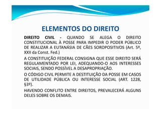 ELEMENTOS DO DIREITO
DIREITO CIVIL - QUANDO SE ALEGA O DIREITO
CONSTITUCIONAL À POSSE PARA IMPEDIR O PODER PÚBLICO
DE REALIZAR A EUTANÁSIA DE CÃES SOROPOSITIVOS (Art. 5º,
XXII da Const. Fed.)
A CONSTITUIÇÃO FEDERAL CONSIGNA QUE ESSE DIREITO SERÁ
REGULAMENTADO POR LEI, ADEQUANDO-O AOS INTERESSES
SOCIAIS, SENDO POSSÍVEL A DESAPROPRIAÇÃO.
O CÓDIGO CIVIL PERMITE A DESTITUIÇÃO DA POSSE EM CASOS
DE UTILIDADE PÚBLICA OU INTERESSE SOCIAL (ART. 1228,
§3º).
HAVENDO CONFLITO ENTRE DIREITOS, PREVALECERÁ ALGUNS
DELES SOBRE OS DEMAIS.
 
