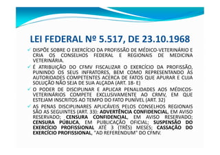 LEI FEDERAL Nº 5.517, DE 23.10.1968
ü DISPÕE SOBRE O EXERCÍCIO DA PROFISSÃO DE MÉDICO-VETERINÁRIO E
CRIA OS CONSELHOS FEDERAL E REGIONAIS DE MEDICINA
VETERINÁRIA.
ü É ATRIBUIÇÃO DO CFMV FISCALIZAR O EXERCÍCIO DA PROFISSÃO,
PUNINDO OS SEUS INFRATORES, BEM COMO REPRESENTANDO ÀS
AUTORIDADES COMPETENTES ACERCA DE FATOS QUE APURAR E CUJA
SOLUÇÃO NÃO SEJA DE SUA ALÇADA (ART. 18- E)
ü O PODER DE DISCIPLINAR E APLICAR PENALIDADES AOS MÉDICOS-
VETERINÁRIOS COMPETE EXCLUSIVAMENTE AO CRMV, EM QUE
ESTEJAM INSCRITOS AO TEMPO DO FATO PUNÍVEL (ART. 32)
ü AS PENAS DISCIPLINARES APLICÁVEIS PELOS CONSELHOS REGIONAIS
SÃO AS SEGUINTES (ART. 33): ADVERTÊNCIA CONFIDENCIAL, EM AVISO
RESERVADO; CENSURA CONFIDENCIAL, EM AVISO RESERVADO;
CENSURA PÚBLICA, EM PUBLICAÇÃO OFICIAL; SUSPENSÃO DO
EXERCÍCIO PROFISSIONAL ATÉ 3 (TRÊS) MESES; CASSAÇÃO DO
EXERCÍCIO PROFISSIONAL, "AD REFERENDUM" DO CFMV.
 