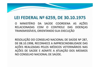 LEI FEDERAL Nº 6259, DE 30.10.1975
O MINISTÉRIO DA SAÚDE COORDENA AS AÇÕES
RELACIONADAS COM O CONTROLE DAS DOENÇAS
TRANSMISSÍVEIS, ORIENTANDO SUA EXECUÇÃO
RESOLUÇÃO DO CONSELHO NACIONAL DE SAÚDE Nº 287,
DE 08.10.1998, RECONHECE A IMPRESCINDIBILIDADE DAS
AÇÕES REALIZADAS PELOS MÉDICOS VETERINÁRIOS NAS
AÇÕES DE SAÚDE E ADMITE A ATUAÇÃO DOS MESMOS
NO CONSELHO NACIONAL DE SAÚDE.
 