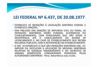 LEI FEDERAL Nº 6.437, DE 20.08.1977
ü ESTABELECE AS INFRAÇÕES À LEGISLAÇÃO SANITÁRIA FEDERAL E
ESTABELECE SANÇÕES.
ü SEM PREJUÍZO DAS SANÇÕES DE NATUREZA CIVIL OU PENAL, AS
INFRAÇÕES SANITÁRIAS SERÃO PUNIDAS, ALTERNATIVA OU
CUMULATIVAMENTE, COM PENALIDADES QUE VÃO DESDE A
ADVERTÊNCIA ATÉ O CANCELAMENTO DO ALVARÁ DE
LICENCIAMENTO E, NO CASO DE ESTABELECIMENTO QUE RECEBA
RECURSOS PÚBLICOS, COM A INTERVENÇÃO NO ESTABELECIMENTO.
ü O ART. 10 ESTABELECE O QUE SÃO INFRAÇÕES SANITÁRIAS (INC. VII-
IMPEDIR OU DIFICULTAR A APLICAÇÃO DE MEDIDAS SANITÁRIAS
RELATIVAS ÀS DOENÇAS TRANSMISSÍVEIS E AO SACRIFÍCIO DE
ANIMAIS DOMÉSTICOS CONSIDERADOS PERIGOSOS PELAS
AUTORIDADES SANITÁRIAS - Pena: Advertência e/ou multa.
 