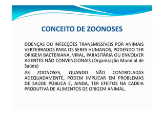 CONCEITO DE ZOONOSES
DOENÇAS OU INFECÇÕES TRANSMISSÍVEIS POR ANIMAIS
VERTEBRADOS PARA OS SERES HUMANOS, PODENDO TER
ORIGEM BACTERIANA, VIRAL, PARASITÁRIA OU ENVOLVER
AGENTES NÃO CONVENCIONAIS (Organização Mundial de
Saúde)
AS ZOONOSES, QUANDO NÃO CONTROLADAS
ADEQUADAMENTE, PODEM IMPLICAR EM PROBLEMAS
DE SAÚDE PÚBLICA E, AINDA, TER EFEITOS NA CADEIA
PRODUTIVA DE ALIMENTOS DE ORIGEM ANIMAL.
 