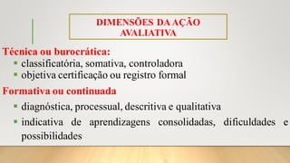 DIMENSÕES DAAÇÃO
AVALIATIVA
Técnica ou burocrática:
▪ classificatória, somativa, controladora
▪ objetiva certificação ou registro formal
Formativa ou continuada
▪ diagnóstica, processual, descritiva e qualitativa
▪ indicativa de aprendizagens consolidadas, dificuldades e
possibilidades
 
