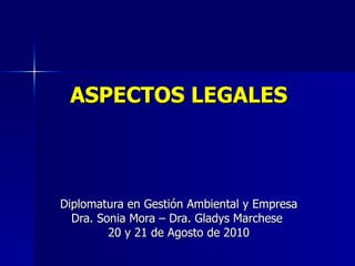 ASPECTOS LEGALES  Diplomatura en Gestión Ambiental y Empresa Dra. Sonia Mora – Dra. Gladys Marchese  20 y 21 de Agosto de 2010 