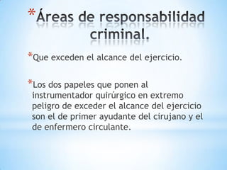 *

*Que exceden el alcance del ejercicio.

*Los dos papeles que ponen al
 instrumentador quirúrgico en extremo
 peligro de exceder el alcance del ejercicio
 son el de primer ayudante del cirujano y el
 de enfermero circulante.
 