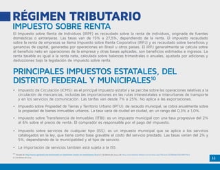 11
RÉGIMEN TRIBUTARIO
El Impuesto sobre Renta de Individuos (IRPF) es recaudado sobre la renta de individuos, originada de fuentes
domésticas o extranjeras. Las tasas van de 15% a 27,5%, dependiendo de la renta. El impuesto recaudado
sobre la renta de empresas se llama Impuesto sobre Renta Corporativa (IRPJ) y es recaudado sobre beneficios y
ganancias de capital, generadas por operaciones en Brasil u otros países. El IRPJ generalmente se calcula sobre
el beneficio neto en operaciones de la empresa y otras bases aplicadas, son beneficios estimados e ingresos. La
renta tasable es igual a la renta neta, calculada sobre balances trimestrales o anuales, ajustada por adiciones y
deducciones bajo la legislación de impuesto sobre renta.
•	 Impuesto de Circulación (ICMS): es el principal impuesto estatal y se percibe sobre las operaciones relativas a la
circulación de mercancías, incluidas las importaciones en las rutas interestatales e interurbanas de transporte
y en los servicios de comunicación. Las tarifas van desde 7% a 25%. No aplica a las exportaciones.
•	 Impuesto sobre Propiedad de Tierras y Territorio Urbano (IPTU): de recaudo municipal, se cobra anualmente sobre
la propiedad de bienes inmuebles urbanos. La tasa varía de ciudad en ciudad, en un rango del 0,3% a 1,0%.
•	 Impuesto sobre Transferencia de Inmuebles (ITBI): es un impuesto municipal con una tasa progresiva del 2%
al 6% sobre el precio de venta. El comprador es responsable por el pago del impuesto.
•	 Impuesto sobre servicios de cualquier tipo (ISS): es un impuesto municipal que se aplica a los servicios
catalogados en la ley, que tiene como base gravable el costo del servicio prestado. Las tasas varían del 2% y
5%, dependiendo de la municipalidad y el tipo de servicio.
•	 La importación de servicios también está sujeta a la ISS.
PRINCIPALES IMPUESTOS ESTATALES, DEL
DISTRITO FEDERAL Y MUNICIPALES10
10.
Tomado de: http://www2.apexbrasil.com.br/es/investir-en-brasil/como-investir-en-brasil/sistema-fiscal el 7 de febrero de 2014 y de: http://www.deloitte.dbbrazil.com.br/show.aspx?idCanal=ZkZ6B9NpYZ6w2BKVYIE2s
el 7 de febrero de 2014.
IMPUESTO SOBRE RENTA
 