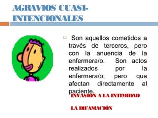 AGRAVIOS CUASI-
INTENCIONALES
 Son aquellos cometidos a
través de terceros, pero
con la anuencia de la
enfermera/o. Son actos
realizados por la
enfermera/o; pero que
afectan directamente al
paciente.
INVASIÓN A LA INTIMIDAD
LA DIFAMACIÓN
 