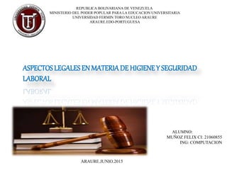 REPUBLICA BOLIVARIANA DE VENEZUELA
MINISTERIO DEL PODER POPULAR PARA LA EDUCACION UNIVERSITARIA
UNIVERSIDAD FERMIN TORO NUCLEO ARAURE
ARAURE.EDO-PORTUGUESA
ASPECTOS LEGALES EN MATERIADE HIGIENEY SEGURIDAD
LABORAL
ALUMNO:
MUÑOZ FELIX CI: 21060855
ING: COMPUTACION
ARAURE.JUNIO.2015
 