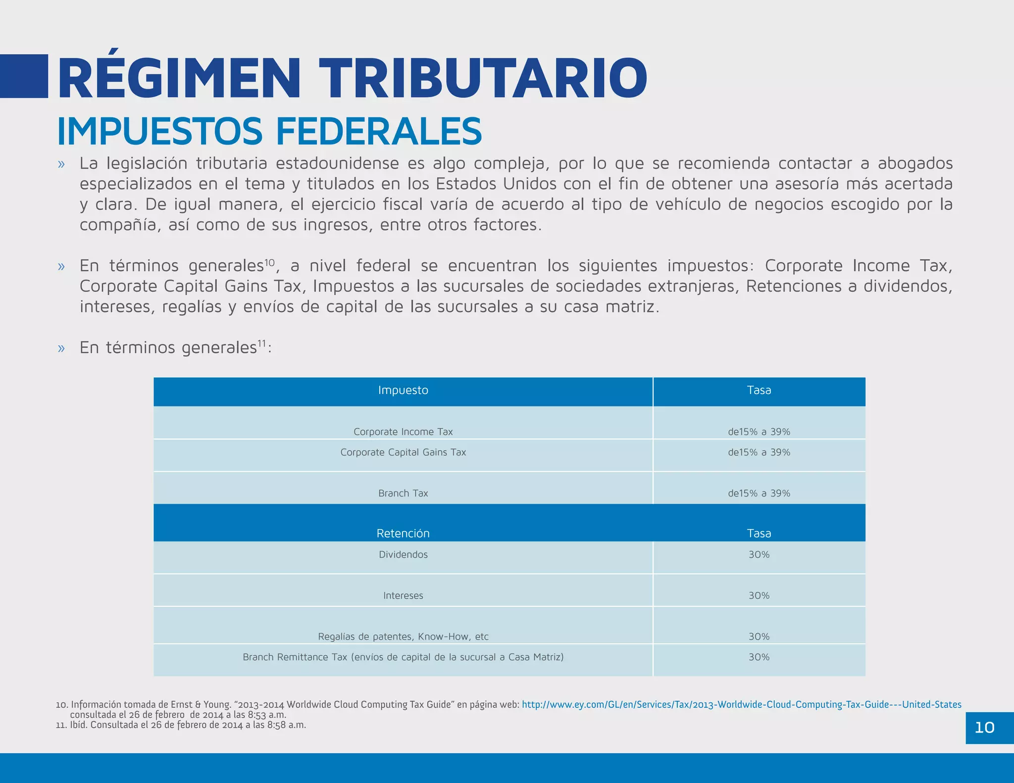 10
RÉGIMEN TRIBUTARIO
IMPUESTOS FEDERALES
»» La legislación tributaria estadounidense es algo compleja, por lo que se recomienda contactar a abogados
especializados en el tema y titulados en los Estados Unidos con el fin de obtener una asesoría más acertada
y clara. De igual manera, el ejercicio fiscal varía de acuerdo al tipo de vehículo de negocios escogido por la
compañía, así como de sus ingresos, entre otros factores.
»» En términos generales10
, a nivel federal se encuentran los siguientes impuestos: Corporate Income Tax,
Corporate Capital Gains Tax, Impuestos a las sucursales de sociedades extranjeras, Retenciones a dividendos,
intereses, regalías y envíos de capital de las sucursales a su casa matriz.
»» En términos generales11
:
Impuesto Tasa
Corporate Income Tax de15% a 39%
Corporate Capital Gains Tax de15% a 39%
Branch Tax de15% a 39%
Retención Tasa
Dividendos 30%
Intereses 30%
Regalías de patentes, Know-How, etc 30%
Branch Remittance Tax (envíos de capital de la sucursal a Casa Matriz) 30%
10. Información tomada de Ernst & Young. “2013-2014 Worldwide Cloud Computing Tax Guide” en página web: http://www.ey.com/GL/en/Services/Tax/2013-Worldwide-Cloud-Computing-Tax-Guide---United-States
consultada el 26 de febrero de 2014 a las 8:53 a.m.
11. Ibíd. Consultada el 26 de febrero de 2014 a las 8:58 a.m.
 