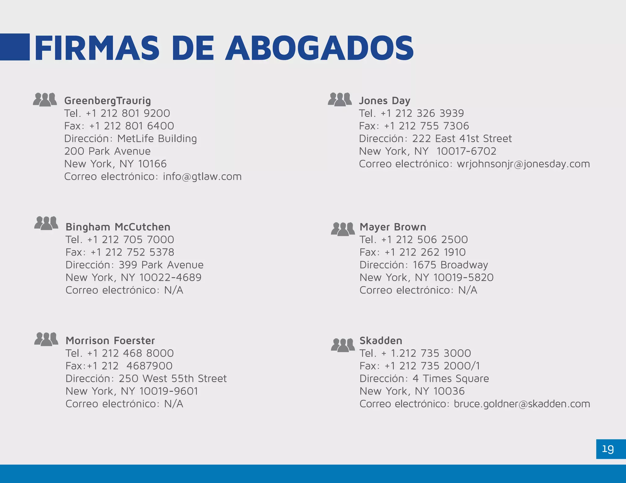 19
FIRMAS DE ABOGADOS
GreenbergTraurig
Tel. +1 212 801 9200
Fax: +1 212 801 6400
Dirección: MetLife Building
200 Park Avenue
New York, NY 10166
Correo electrónico: info@gtlaw.com
Jones Day
Tel. +1 212 326 3939
Fax: +1 212 755 7306
Dirección: 222 East 41st Street
New York, NY 10017-6702
Correo electrónico: wrjohnsonjr@jonesday.com
Bingham McCutchen
Tel. +1 212 705 7000
Fax: +1 212 752 5378
Dirección: 399 Park Avenue
New York, NY 10022-4689
Correo electrónico: N/A
Morrison Foerster
Tel. +1 212 468 8000
Fax:+1 212 4687900
Dirección: 250 West 55th Street
New York, NY 10019-9601
Correo electrónico: N/A
Mayer Brown
Tel. +1 212 506 2500
Fax: +1 212 262 1910
Dirección: 1675 Broadway
New York, NY 10019-5820
Correo electrónico: N/A
Skadden
Tel. + 1.212 735 3000
Fax: +1 212 735 2000/1
Dirección: 4 Times Square
New York, NY 10036
Correo electrónico: bruce.goldner@skadden.com
 