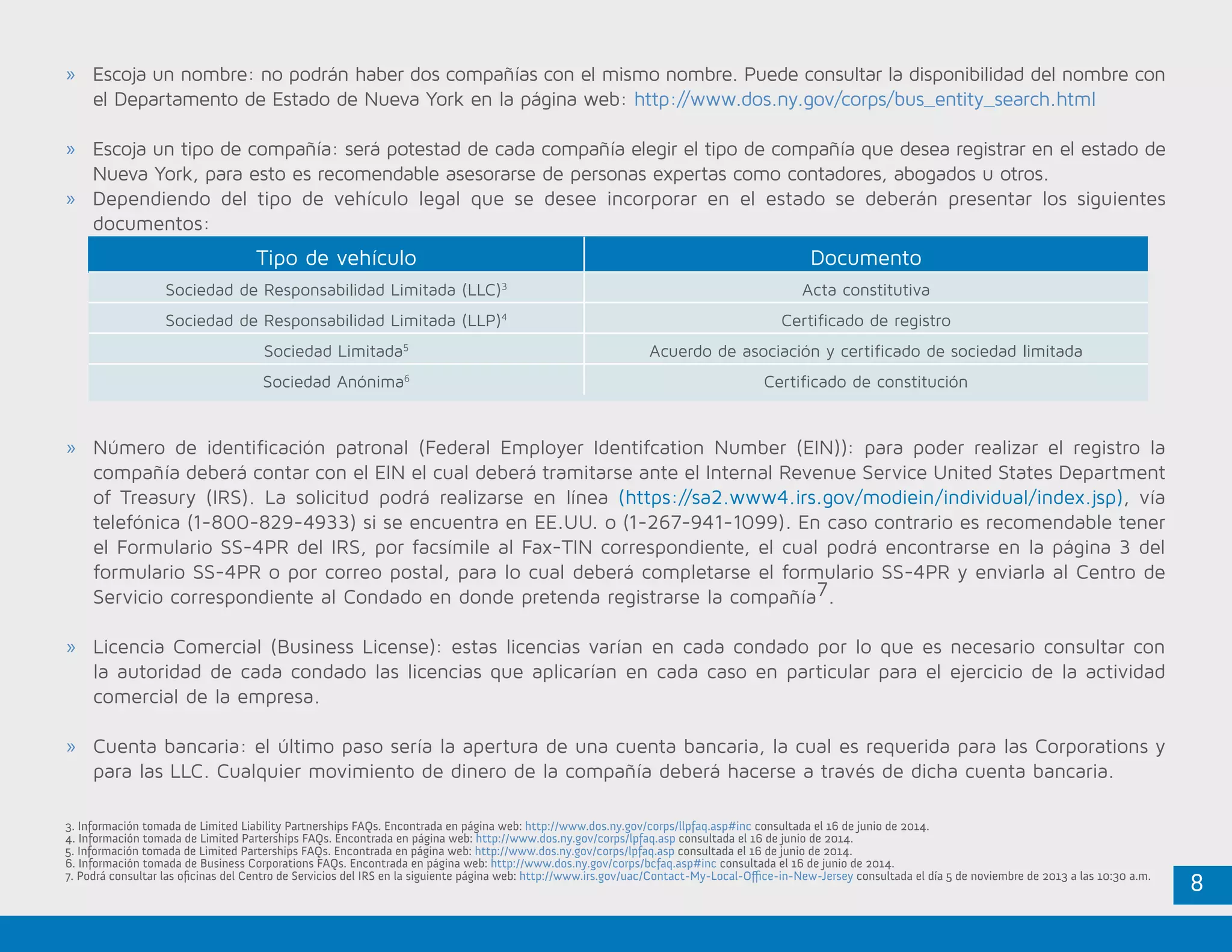 8
Tipo de vehículo Documento
Sociedad de Responsabilidad Limitada (LLC)3
Acta constitutiva
Sociedad de Responsabilidad Limitada (LLP)4
Certificado de registro
Sociedad Limitada5
Acuerdo de asociación y certificado de sociedad limitada
Sociedad Anónima6
Certificado de constitución
3. Información tomada de Limited Liability Partnerships FAQs. Encontrada en página web: http://www.dos.ny.gov/corps/llpfaq.asp#inc consultada el 16 de junio de 2014.
4. Información tomada de Limited Parterships FAQs. Encontrada en página web: http://www.dos.ny.gov/corps/lpfaq.asp consultada el 16 de junio de 2014.
5. Información tomada de Limited Parterships FAQs. Encontrada en página web: http://www.dos.ny.gov/corps/lpfaq.asp consultada el 16 de junio de 2014.
6. Información tomada de Business Corporations FAQs. Encontrada en página web: http://www.dos.ny.gov/corps/bcfaq.asp#inc consultada el 16 de junio de 2014.
7. Podrá consultar las oficinas del Centro de Servicios del IRS en la siguiente página web: http://www.irs.gov/uac/Contact-My-Local-Office-in-New-Jersey consultada el día 5 de noviembre de 2013 a las 10:30 a.m.
»» Escoja un nombre: no podrán haber dos compañías con el mismo nombre. Puede consultar la disponibilidad del nombre con
el Departamento de Estado de Nueva York en la página web: http://www.dos.ny.gov/corps/bus_entity_search.html
»» Escoja un tipo de compañía: será potestad de cada compañía elegir el tipo de compañía que desea registrar en el estado de
Nueva York, para esto es recomendable asesorarse de personas expertas como contadores, abogados u otros.
»» Dependiendo del tipo de vehículo legal que se desee incorporar en el estado se deberán presentar los siguientes
documentos:
»» Número de identificación patronal (Federal Employer Identifcation Number (EIN)): para poder realizar el registro la
compañía deberá contar con el EIN el cual deberá tramitarse ante el Internal Revenue Service United States Department
of Treasury (IRS). La solicitud podrá realizarse en línea (https://sa2.www4.irs.gov/modiein/individual/index.jsp), vía
telefónica (1-800-829-4933) si se encuentra en EE.UU. o (1-267-941-1099). En caso contrario es recomendable tener
el Formulario SS-4PR del IRS, por facsímile al Fax-TIN correspondiente, el cual podrá encontrarse en la página 3 del
formulario SS-4PR o por correo postal, para lo cual deberá completarse el formulario SS-4PR y enviarla al Centro de
Servicio correspondiente al Condado en donde pretenda registrarse la compañía7.
»» Licencia Comercial (Business License): estas licencias varían en cada condado por lo que es necesario consultar con
la autoridad de cada condado las licencias que aplicarían en cada caso en particular para el ejercicio de la actividad
comercial de la empresa.
»» Cuenta bancaria: el último paso sería la apertura de una cuenta bancaria, la cual es requerida para las Corporations y
para las LLC. Cualquier movimiento de dinero de la compañía deberá hacerse a través de dicha cuenta bancaria.
 