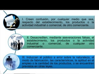 I. Creen confusión, por cualquier medio que sea,
respecto del establecimiento, los productos o la
actividad industrial o comercial, de otro comerciante.

II. Desacrediten, mediante aseveraciones falsas, el
establecimiento, los productos o la actividad
industrial o comercial, de cualquier otro
comerciante.

III. Induzcan al público a error sobre la naturaleza, el
modo de fabricación, las características, la aptitud en el
empleo o la cantidad de los productos, o se encuentren
previstos en otras leyes.

 
