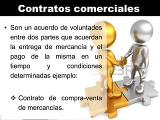 Contratos comerciales
• Son un acuerdo de voluntades
entre dos partes que acuerdan
la entrega de mercancía y el
pago de la misma en un
tiempo
y
condiciones
determinadas ejemplo:
 Contrato de compra-venta
de mercancías.

 