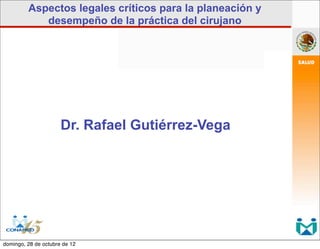 Aspectos legales críticos para la planeación y
            desempeño de la práctica del cirujano




                      Dr. Rafael Gutiérrez-Vega




domingo, 28 de octubre de 12
 