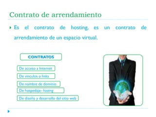 Contrato de arrendamiento


Es el contrato de hosting, es un contrato de
arrendamiento de un espacio virtual.
CONTRATOS
De acceso a Internet
De vinculos o links
De nombre de dominio

De hospedaje- hosting
De diseño y desarrollo del sitio web

 