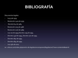 BIBLIOGRAFÍA
Documentos legales:
- Ley 9 de 1979
- Resolución 2400 de 1979
- Decreto 614 de 1984
- Resolución 2013 de 1986
- Resolución 1016 de 1989
- Ley 100 de 1993,Decreto 1295 de 1994
- Decreto 1346 de 1994, Decreto 1772 de 1994
- Decreto 1832 de 1994
- Decreto 1834 de 1994
- Ley 1562 de 2012
en: arlsura.com/index.php/centro-de-legislacioncomponent/legislacion/?view=contenido&eat=6
 
