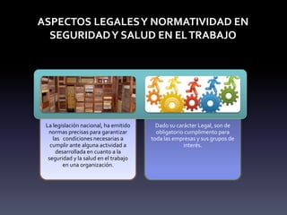 ASPECTOS LEGALESY NORMATIVIDAD EN
SEGURIDADY SALUD EN ELTRABAJO
La legislación nacional, ha emitido
normas precisas para garantizar
las condiciones necesarias a
cumplir ante alguna actividad a
desarrollada en cuanto a la
seguridad y la salud en el trabajo
en una organización.
Dado su carácter Legal, son de
obligatorio cumplimento para
toda las empresas y sus grupos de
interés.
 