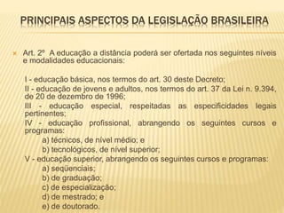 PRINCIPAIS ASPECTOS DA LEGISLAÇÃO BRASILEIRA 
 Art. 2º A educação a distância poderá ser ofertada nos seguintes níveis 
e modalidades educacionais: 
I - educação básica, nos termos do art. 30 deste Decreto; 
II - educação de jovens e adultos, nos termos do art. 37 da Lei n. 9.394, 
de 20 de dezembro de 1996; 
III - educação especial, respeitadas as especificidades legais 
pertinentes; 
IV - educação profissional, abrangendo os seguintes cursos e 
programas: 
a) técnicos, de nível médio; e 
b) tecnológicos, de nível superior; 
V - educação superior, abrangendo os seguintes cursos e programas: 
a) seqüenciais; 
b) de graduação; 
c) de especialização; 
d) de mestrado; e 
e) de doutorado. 
 